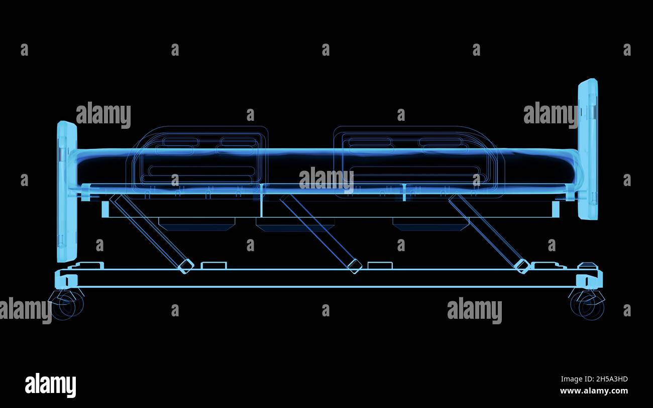 lit d'hôpital électrique à rayons x avec rendu 3d isolé sur fond noir Banque D'Images