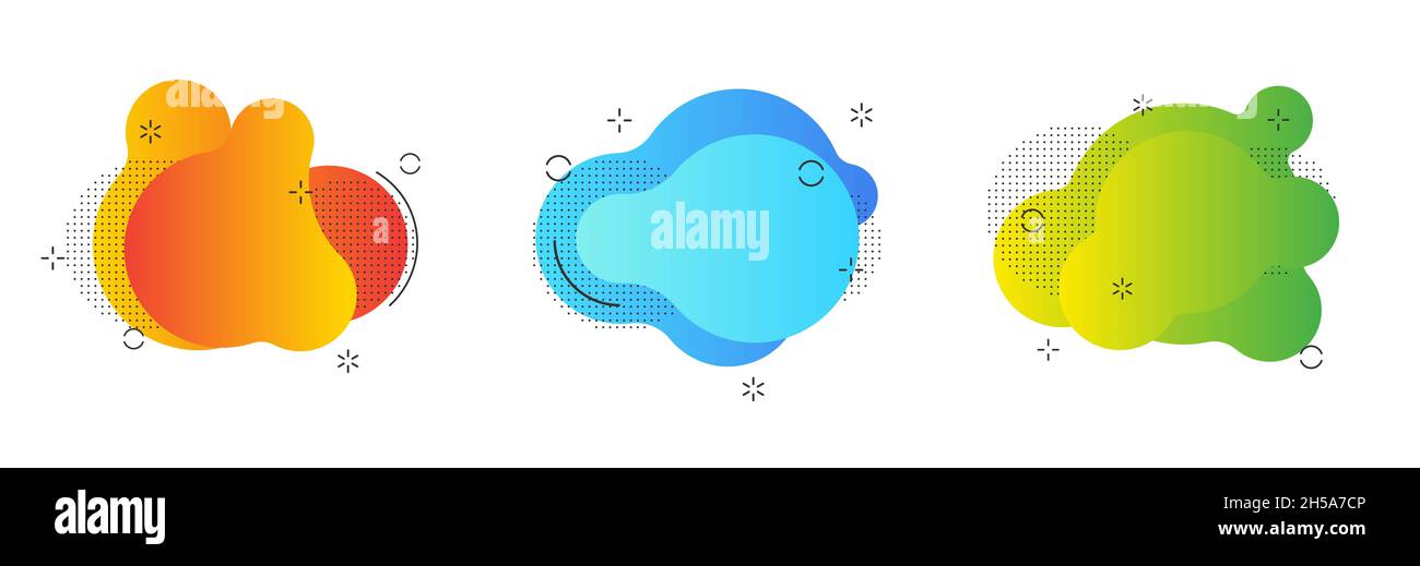 Ensemble de blobs de fluide bleu et rouge isolés, de taches de liquide vert et violet gradient. Banque D'Images