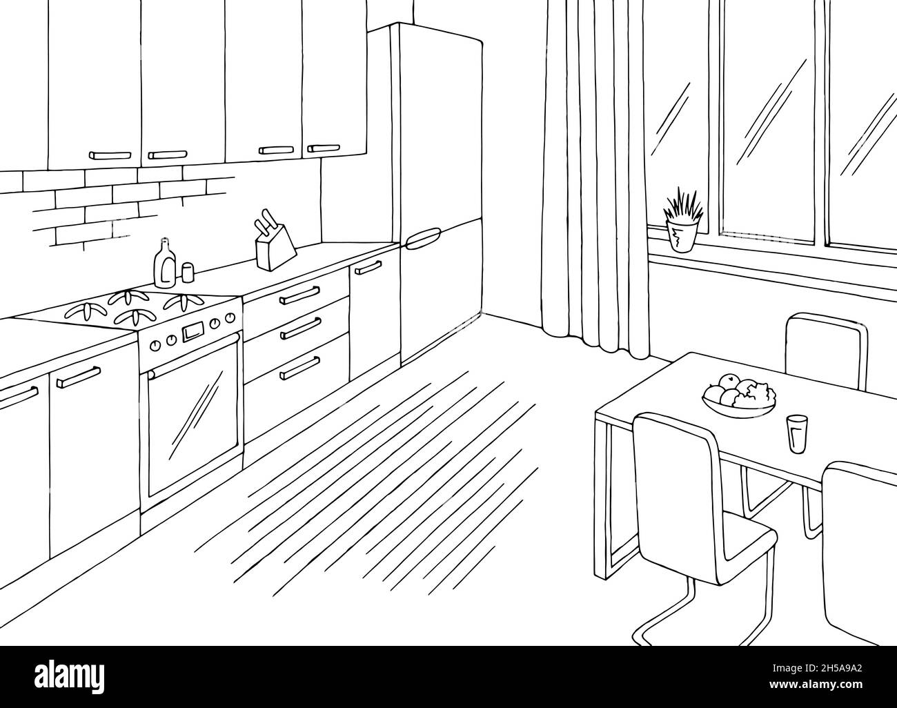 Cuisine pièce graphique noir blanc intérieur dessin illustration vecteur Illustration de Vecteur