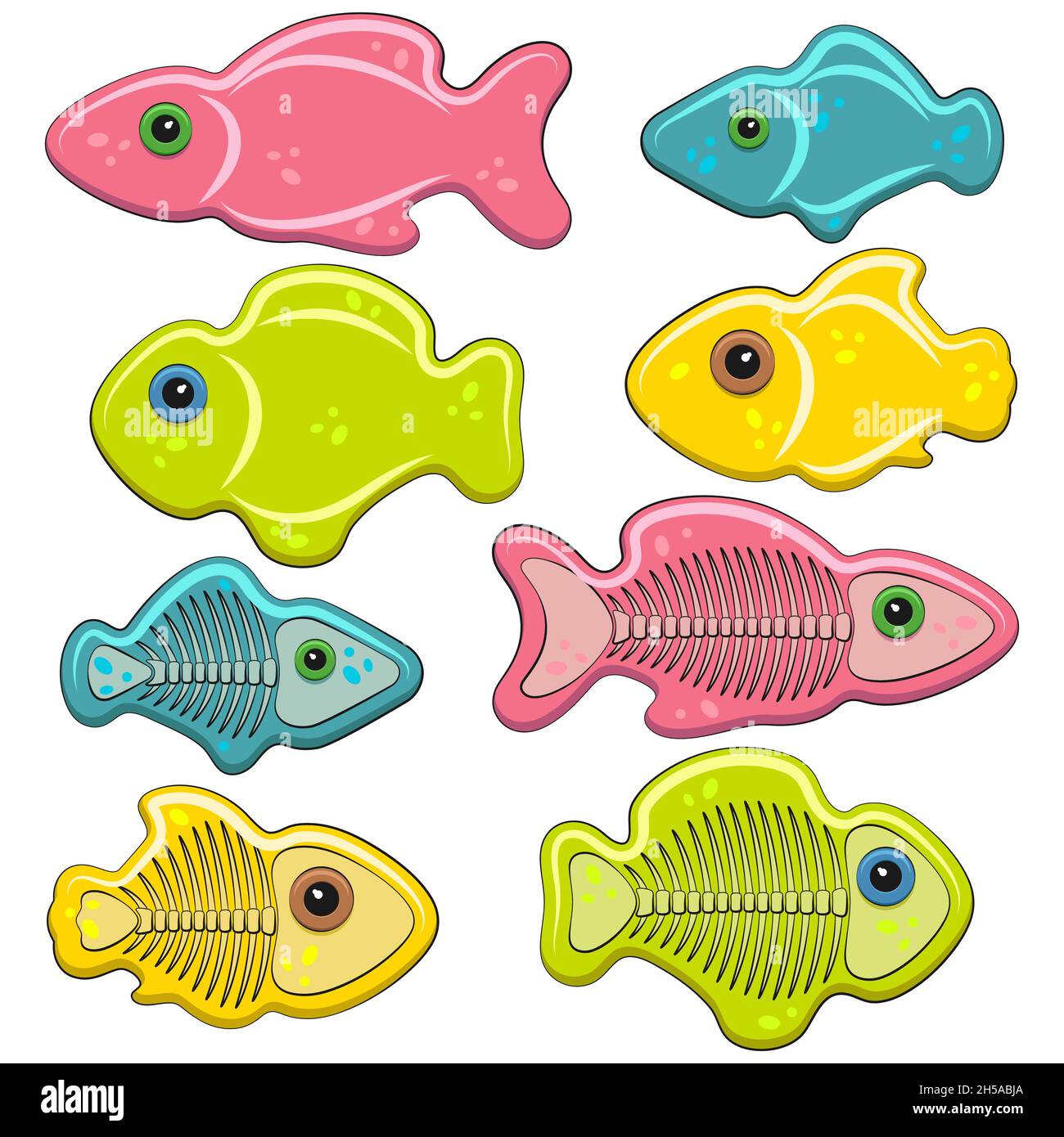 Ensemble d'illustrations de couleur de gelée de poisson avec des squelettes.Objets vectoriels isolés sur fond blanc. Illustration de Vecteur
