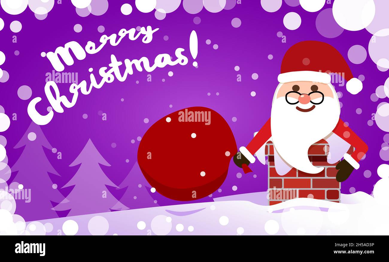 Bannière Joyeux Noël.Le Père Noël avec un sac rouge de cadeaux, Illustration de Vecteur