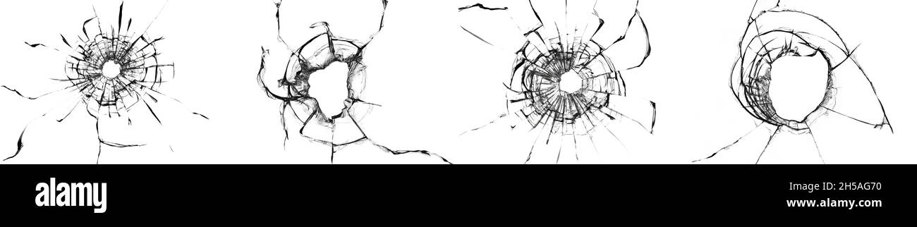 Ensemble de quatre trous sur une surface en verre.Verre cassé.Vitre fissurée.Texture des fissures sur la fenêtre.Vitre ou miroir cassé après la destruction. Banque D'Images