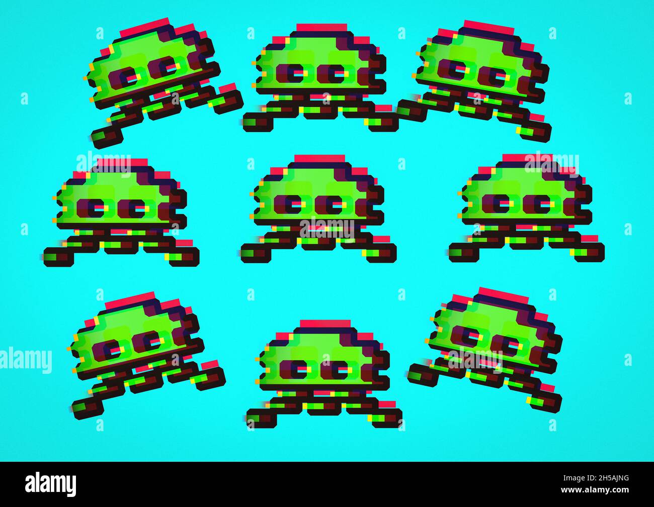 Vidéo graphique 8 bits espace de jeu envahisseurs exotiques sur fond cyan Banque D'Images