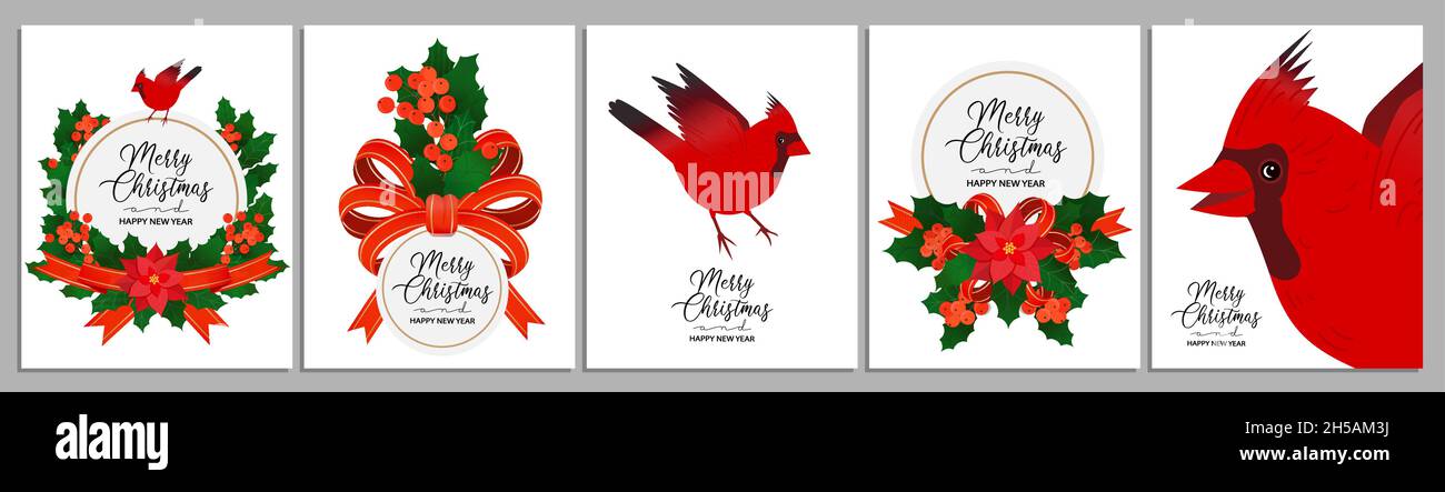 Ensemble de modèles de cartes de vœux de Noël avec couronne de houx, oiseau cardinal rouge, fleur de poinsettia, rubans de satin rouge et espace de copie.Universel artistique ho Illustration de Vecteur