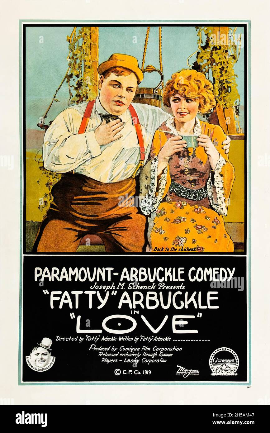 Affiche de film d'époque: Affiche de film d'époque pour le film américain Love (1919) Feat 'Fat' Arbuckle. Banque D'Images