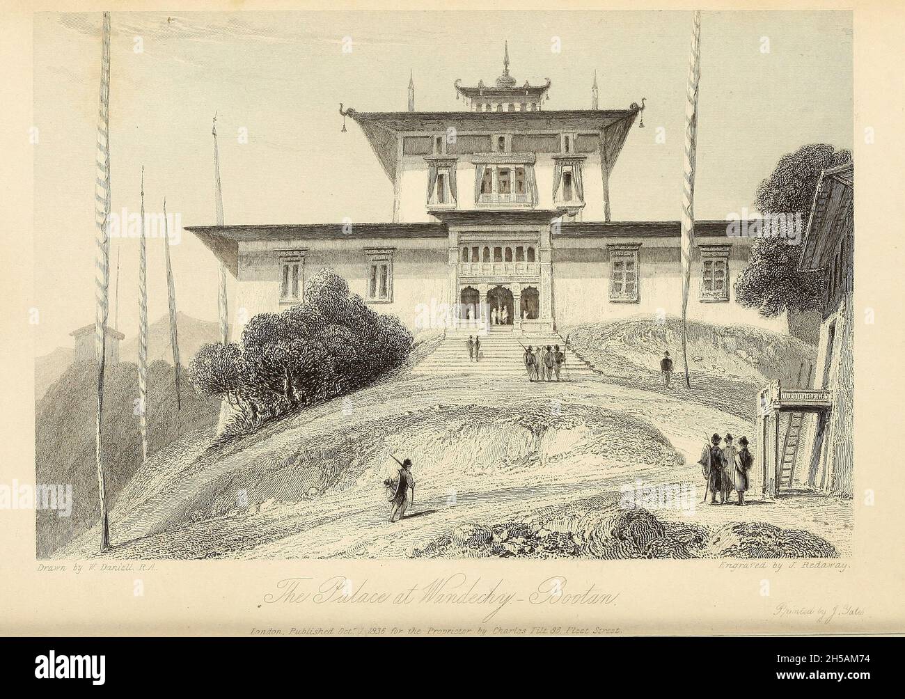 THE PALACE AT WANDECHY, BOOTAN [Bhoutan] du livre « The Oriental Annual, or, Lives of the Moghul Emperors » du rév. Hobart Caunter publié par Edward Bull, Londres 1837 gravures tirées de dessins de William Daniell Banque D'Images