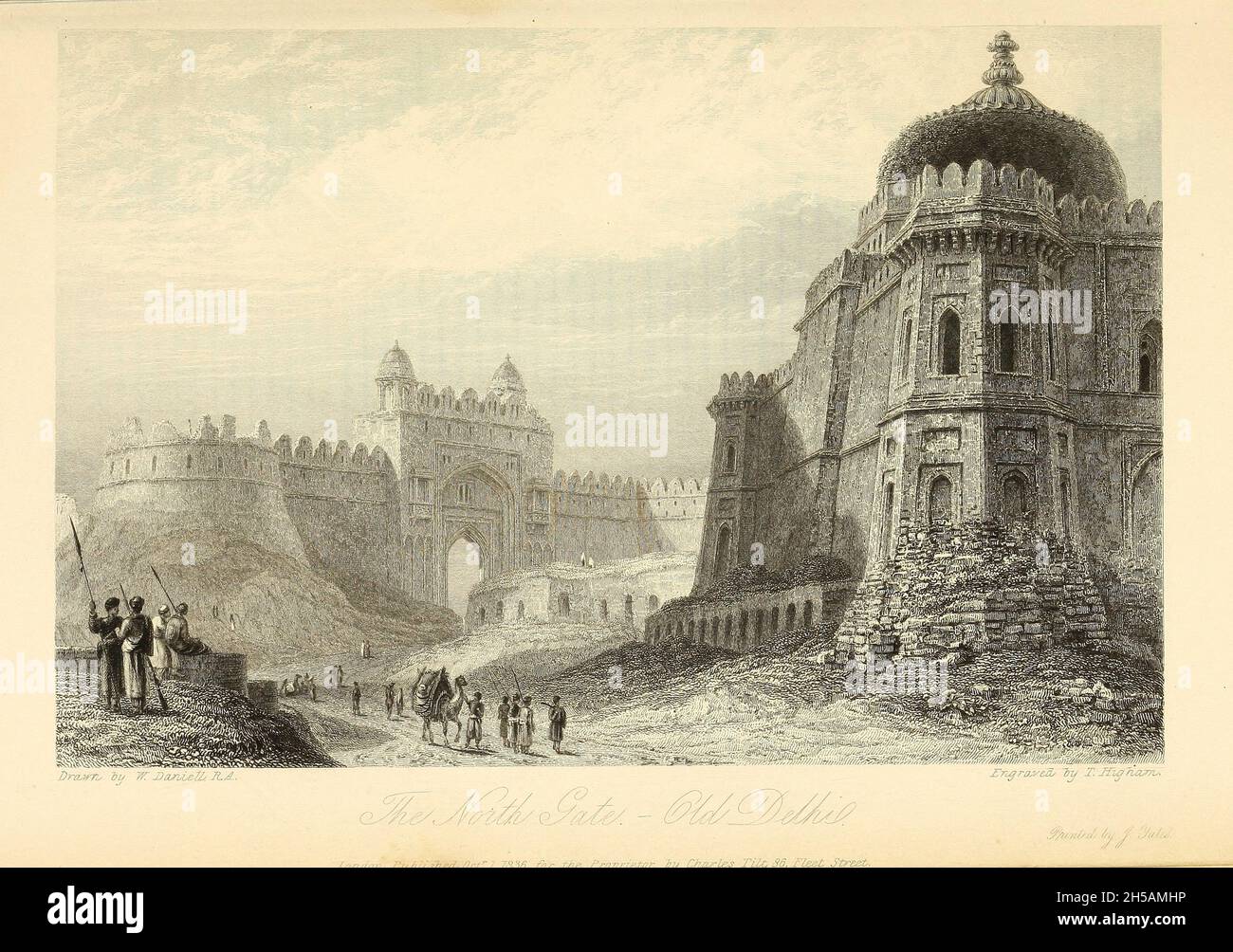 LA PORTE DU NORD, LE VIEUX DELHI [Old Delhi ou Purani Dilli est une région de la grande ville de Delhi, en Inde.Elle a été fondée comme une ville fortifiée nommée Shahjahanabad en 1639, lorsque Shah Jahan (l'empereur moghol à l'époque) a décidé de déplacer la capitale moghole d'Agra.[1] la construction de la ville a été achevée en 1648,Et il est resté la capitale de l'empire moghol jusqu'à sa chute en 1857,] du livre ' l'annuel oriental, ou, les vies des empereurs moghul ' par le Rév. Hobart Caunter publié par Edward Bull, Londres 1837 gravures de dessins de William Daniell Banque D'Images