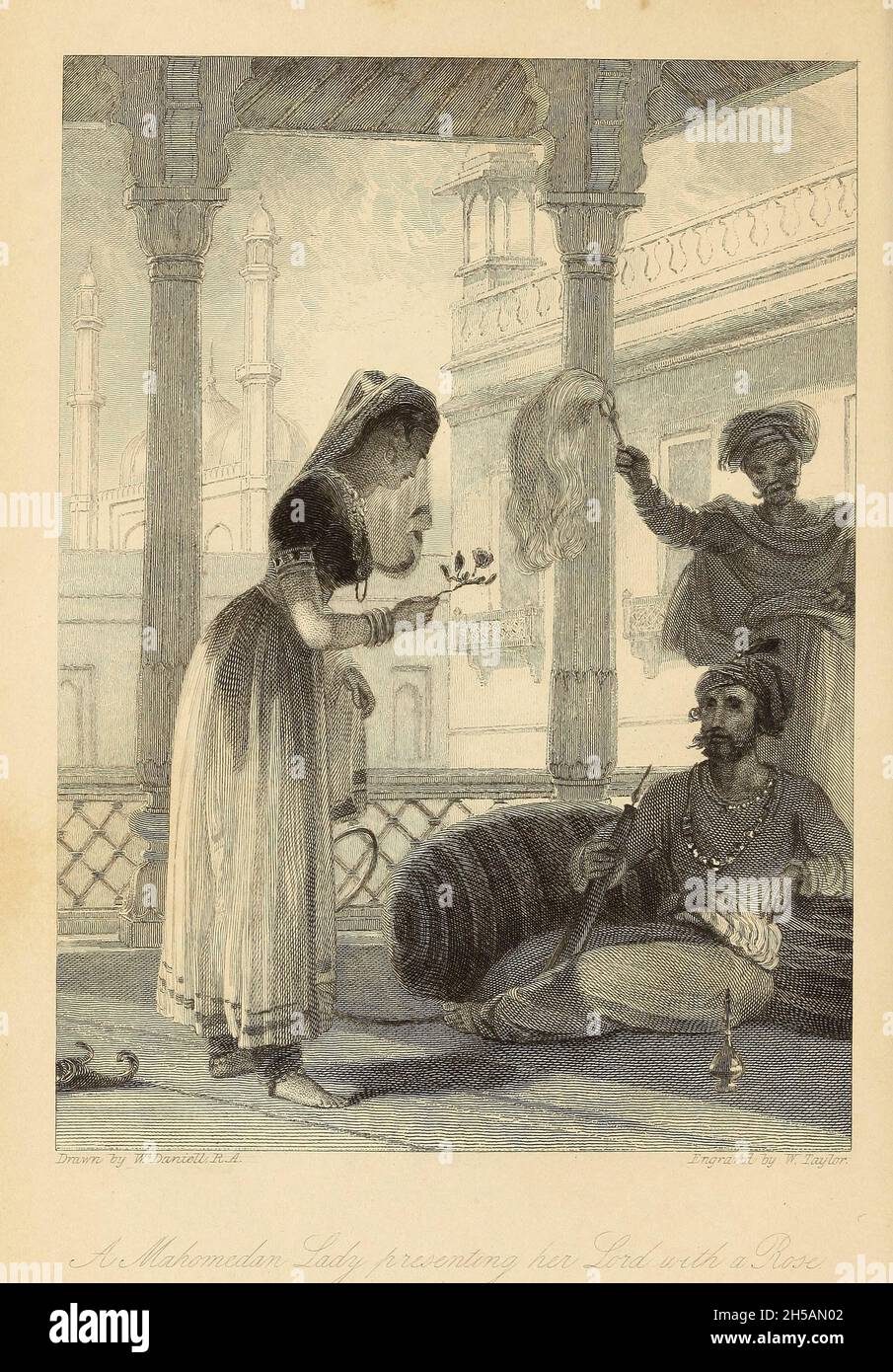 Une dame de Mohammadan présentant son Seigneur Une Rose du livre « The Oriental Annual, or, Scenes in India » du révérend Hobart Caunter publié par Edward Bull, Londres 1838 gravures de dessins de William Daniell Banque D'Images