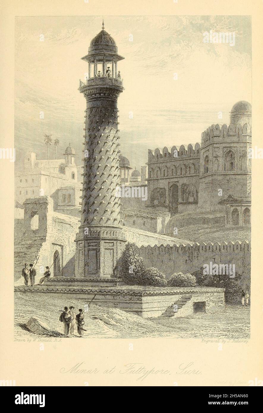 Minaret à Futtepore Sicri (Fatehpur Sikri) [Fatehpur Sikri est une ville du district d'Agra dans l'Uttar Pradesh, en Inde.La ville elle-même a été fondée comme la capitale de l'empire moghol en 1571 par l'empereur Akbar, servant ce rôle de 1571 à 1585, quand Akbar l'a abandonnée en raison d'une campagne au Punjab et a été complètement abandonné en 1610].D'après le livre « The Oriental Annual, or, Scenes in India » du rév. Hobart Caunter publié par Edward Bull, Londres 1838 gravures de dessins de William Daniell Banque D'Images