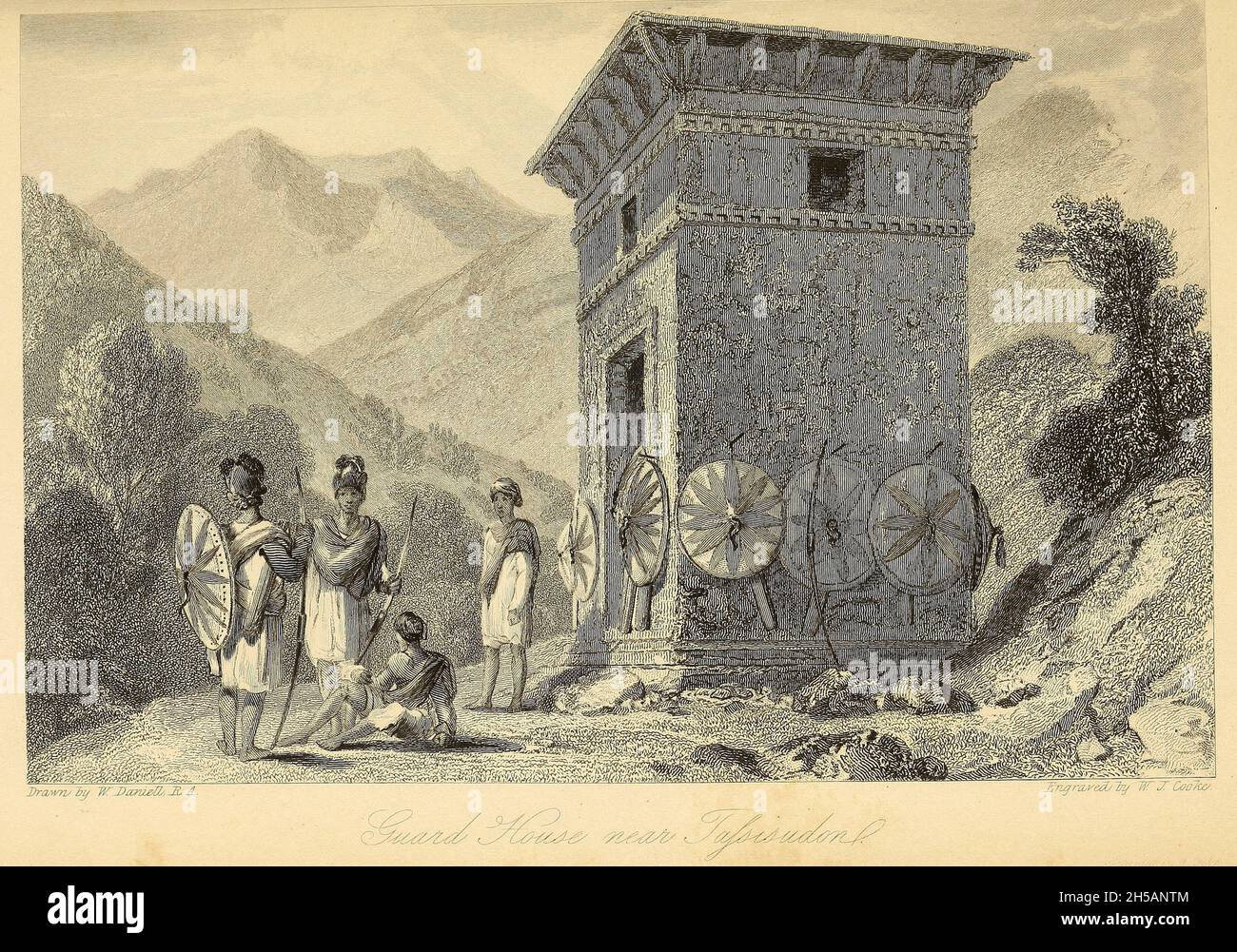 Garde-maison à Tassisudon [Tashichho Dzong est un monastère bouddhiste et une forteresse à la limite nord de la ville de Thimphu au Bhoutan].D'après le livre « The Oriental Annual, or, Scenes in India » du rév. Hobart Caunter publié par Edward Bull, Londres 1838 gravures de dessins de William Daniell Banque D'Images