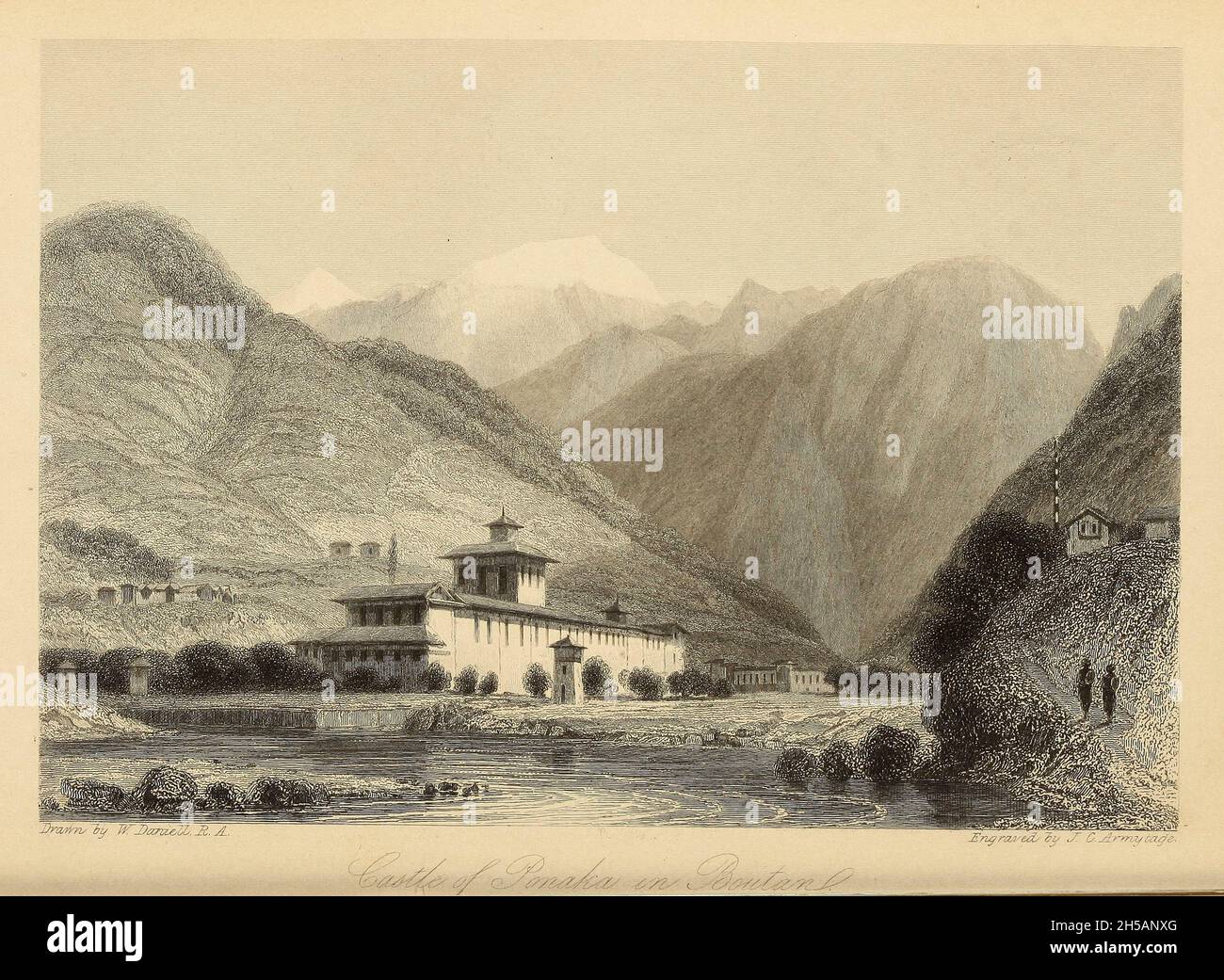 Château de Ponaka à Boutan [Bhoutan] d'après le livre ' l'annuel oriental, ou, scènes en Inde ' du rév. Hobart Caunter publié par Edward Bull, Londres 1838 gravures de dessins de William Daniell Banque D'Images