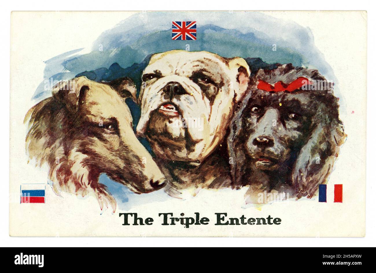 Carte postale originale de couleur de bande dessinée de l'époque de la WW1 de 3 chiens, représentant la Russie, le Royaume-Uni (le Bulldog), la France (le coodle) - le Triple Entente (amitié, compréhension).1915 Banque D'Images
