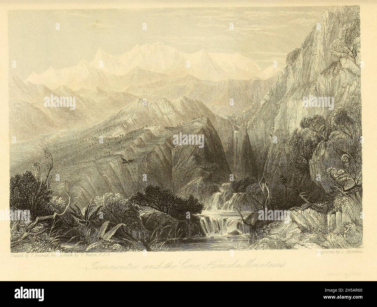 Jumnoutri et le Cone, montagnes Himala du livre « The Oriental Annual » contenant Une série de contes, légendes et romances historiques ; par Thomas Bacon, Esq.,F.S.A., avec des gravures de W. et E. Finden, de Sketches par l'auteur publié à Londres par Charles Tilt, Fleet Street.1839 Banque D'Images