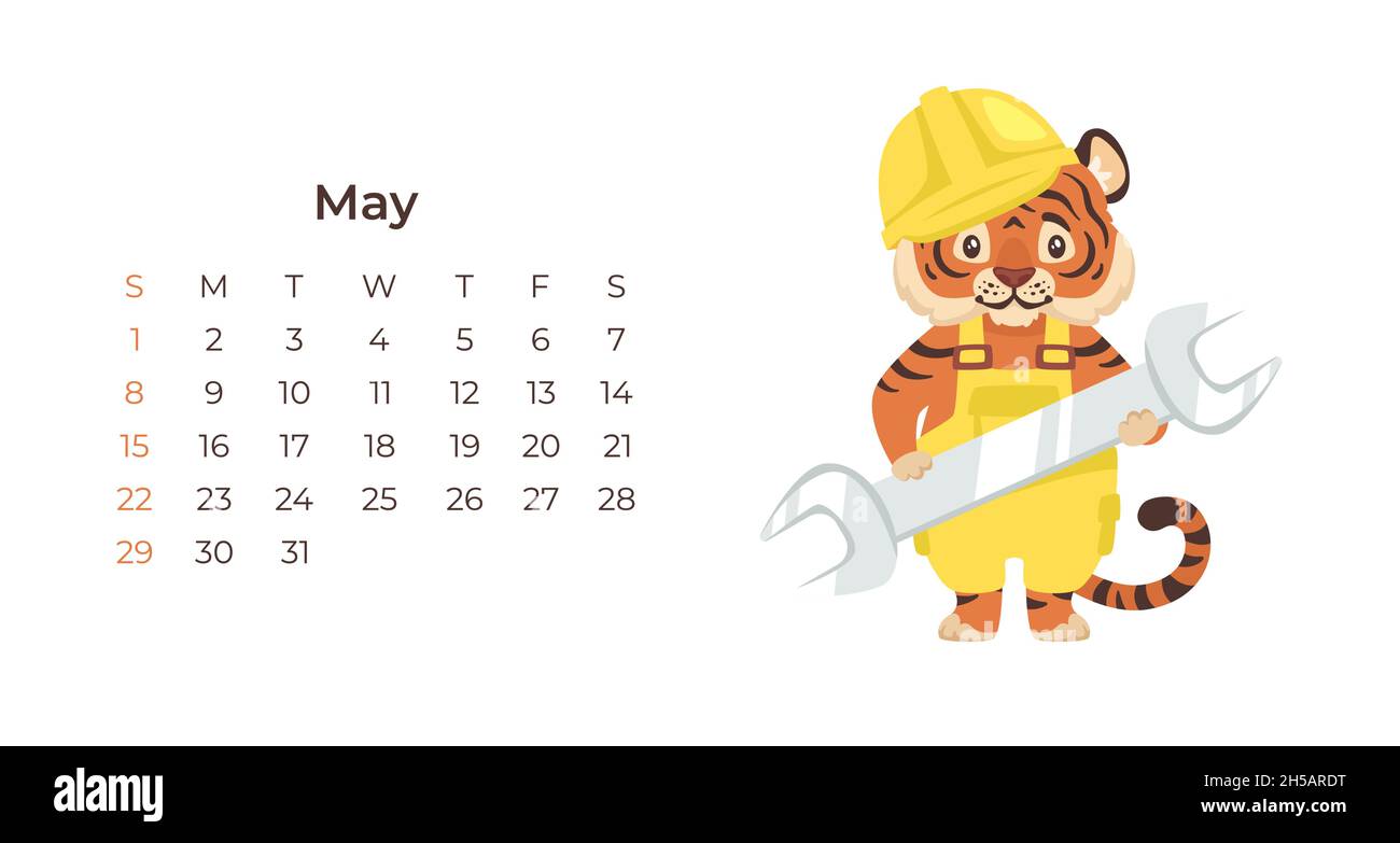Joli dessin animé tigre Mai 2022 calendrier modèle horizontal. Illustration de Vecteur
