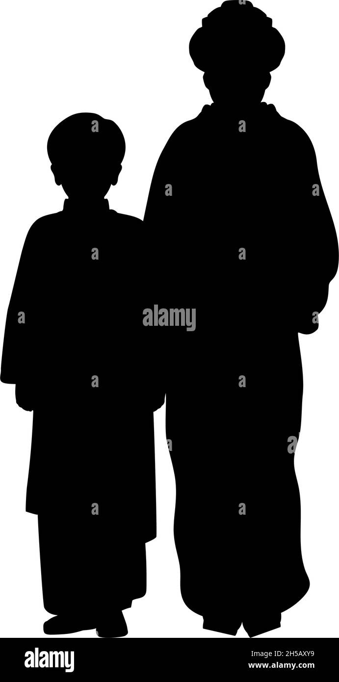 Silhouette de maman avec son fils en costume national asiatique. Illustration de Vecteur