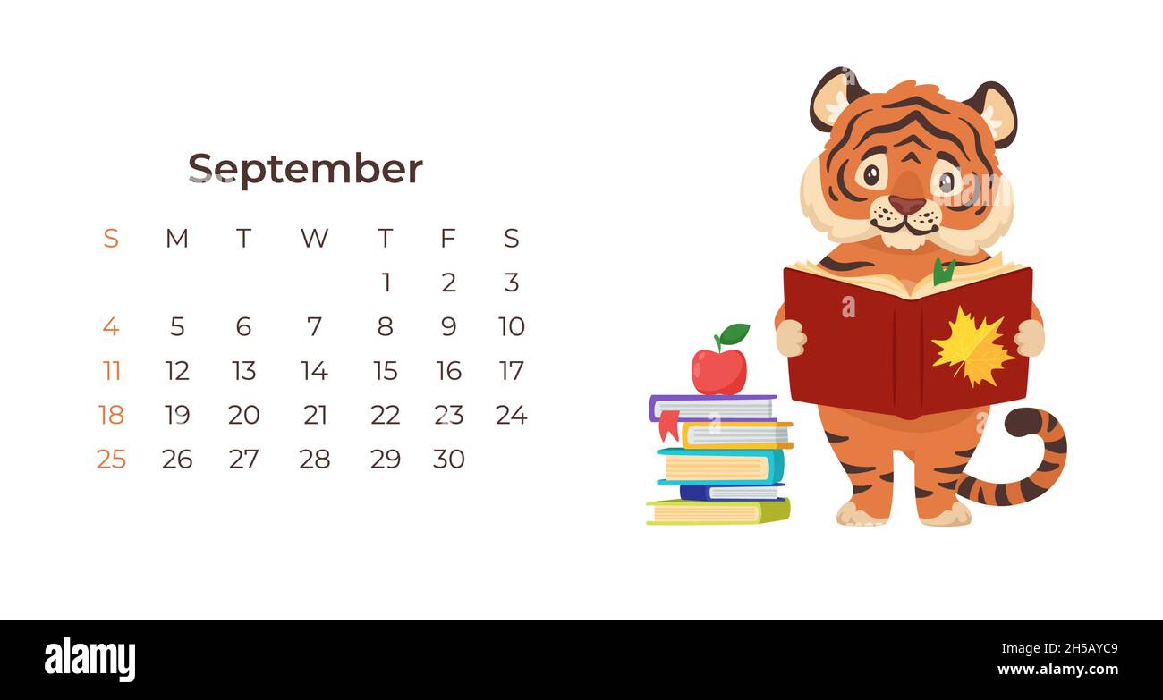 Mignon dessin animé tigre septembre 2022 calendrier modèle horizontal. Illustration de Vecteur