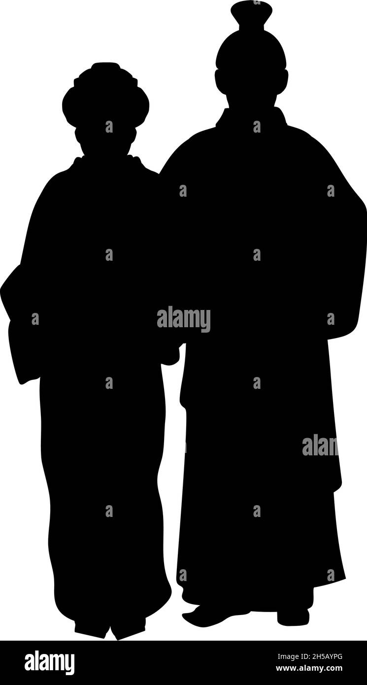 Silhouette d'homme et de femme en costume national asiatique. Illustration de Vecteur