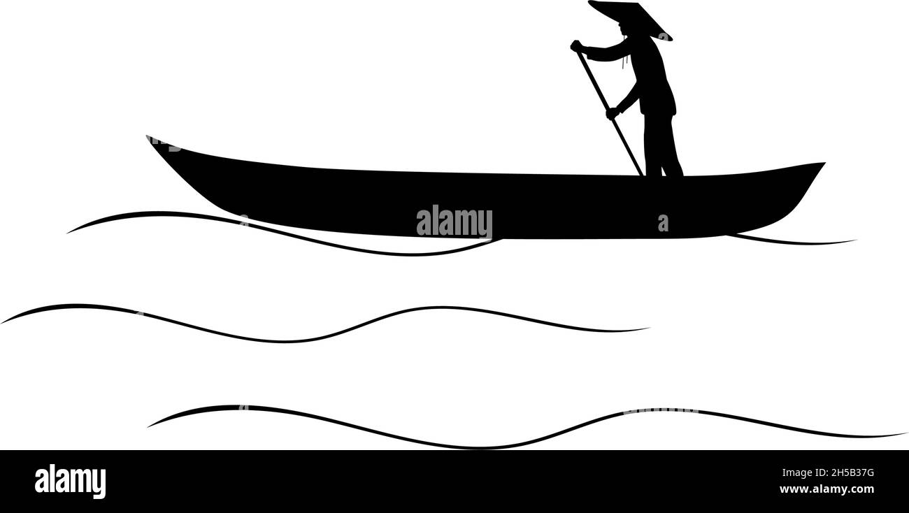 Silhouette asiatique homme naviguant en bateau. Illustration de Vecteur