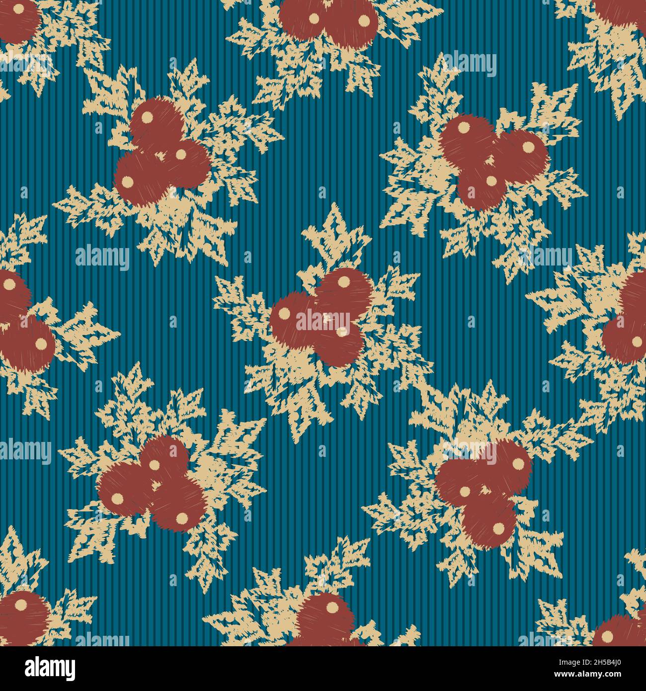 Motif vectoriel sans coutures pour le houx de Noël et les baies.Décor festif avec motifs traditionnels en forme de gribouillage sur rayures bleu foncé Illustration de Vecteur