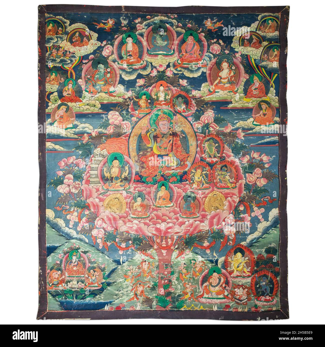 Thangka Tibétain antique de Padmasambhava ou Guru Rinpoché refuge Tree.Himalaya, début du XXe siècle Banque D'Images