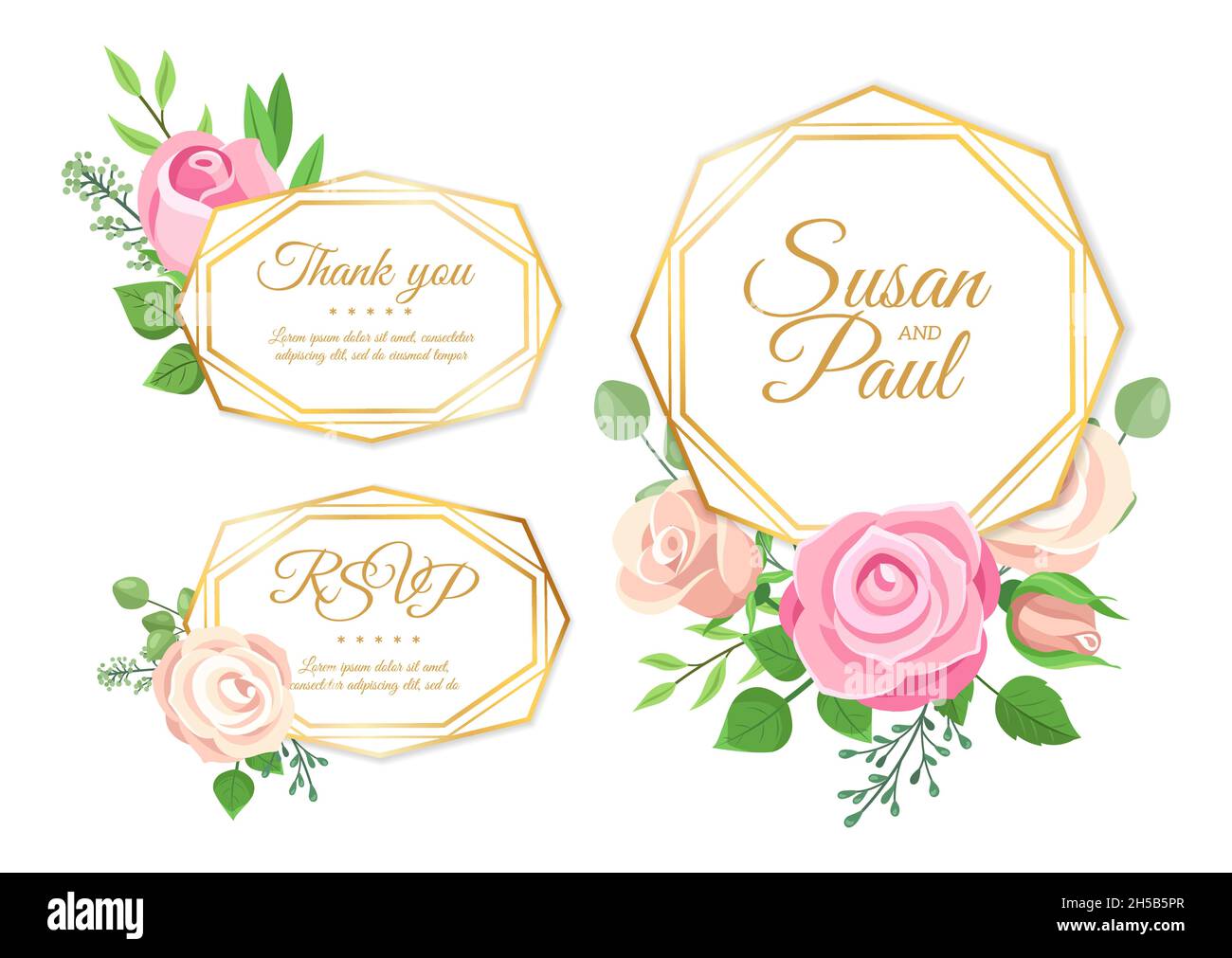 Décorations de mariage.Mariage éléments d'invitation, roses feuilles couronne.Conservez les cadres dorés avec l'ensemble de motifs floraux Illustration de Vecteur Décorations de mariage.Mariage éléments d'invitation, roses feuilles couronne.Conservez les cadres dorés avec l'ensemble de motifs floraux Illustration de Vecteur