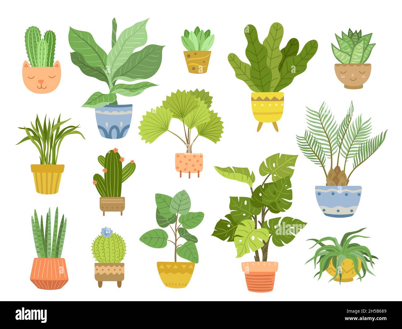 Usine de maison en pots.Plantes de maison, pot avec fleurs vertes.Plantes de maison d'intérieur, cactus cousudents plates pour le bureau.Ensemble de vecteurs exact de jardinage Illustration de Vecteur
