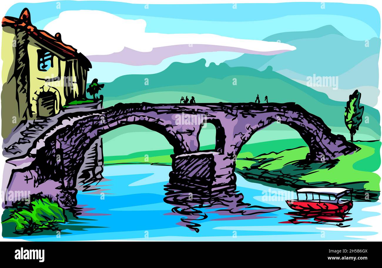 Le vieux pont en pierre sur la rivière, un morceau de la ville et un bateau de plaisance lors d'une journée ensoleillée d'été sur fond de montagnes. Illustration de Vecteur