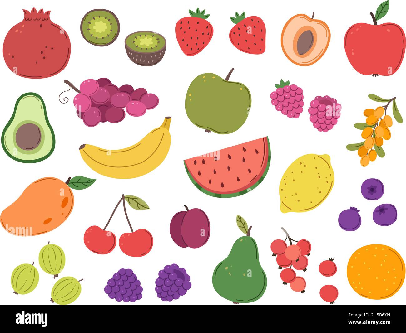 Fruits et baies.Baies abstraites, plantes juteuses de fraises.Dessert mûr de mûre framboise, vitamines de fruits.Ensemble de vecteurs exacts pour les aliments frais Illustration de Vecteur