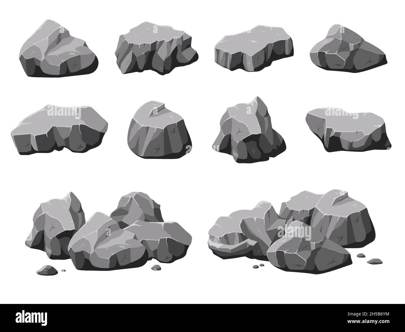 Dessins animés en pierres naturelles.Roche de Boulder, pierre et pile de gravats.Isolé 3d montagne, gris rugueux granit décoration matériel récente collection de vecteur Illustration de Vecteur
