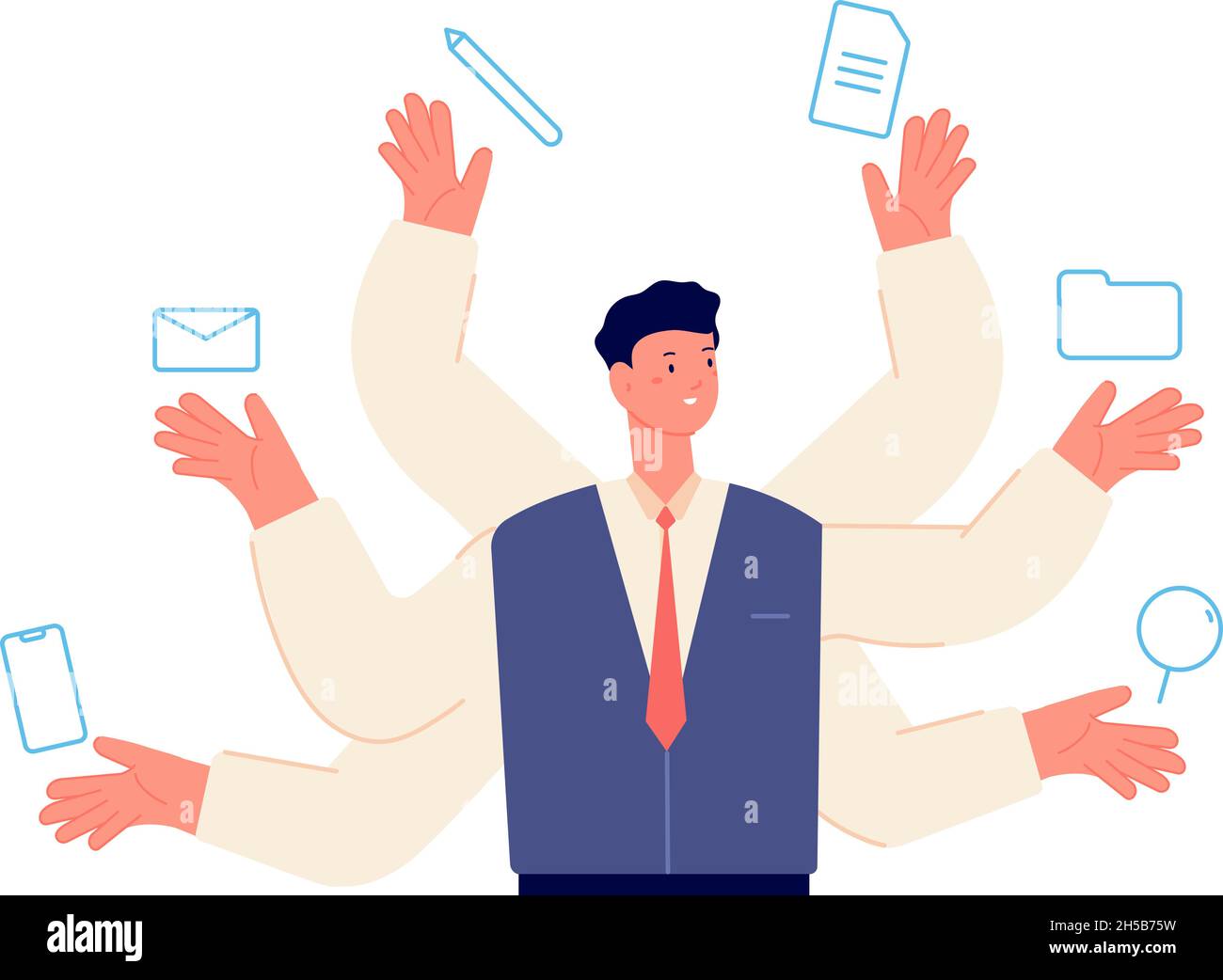 Concept multitâche.Emploi de soi, productivité multitâches.Programmeur ou responsable personnage, entrepreneur.Scène vectorielle totale de travail d'entreprise Illustration de Vecteur