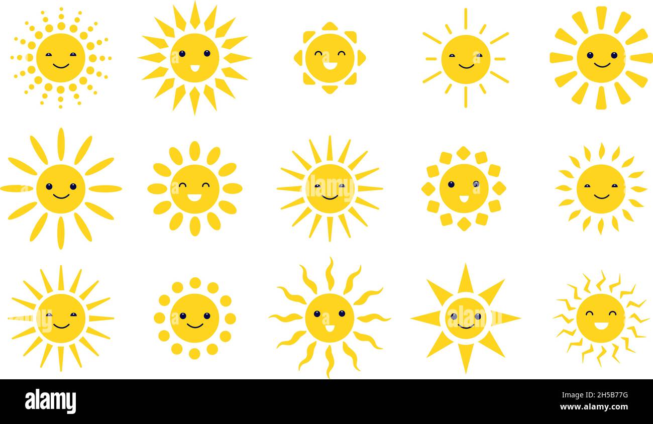 Mignonne emoji soleil.Des lunettes de soleil mignonnes sourient, des icônes de soleil amusantes.Visages ensoleillés isolés, soleil d'été chauffage smiley collection de vecteur de la gouttière Illustration de Vecteur