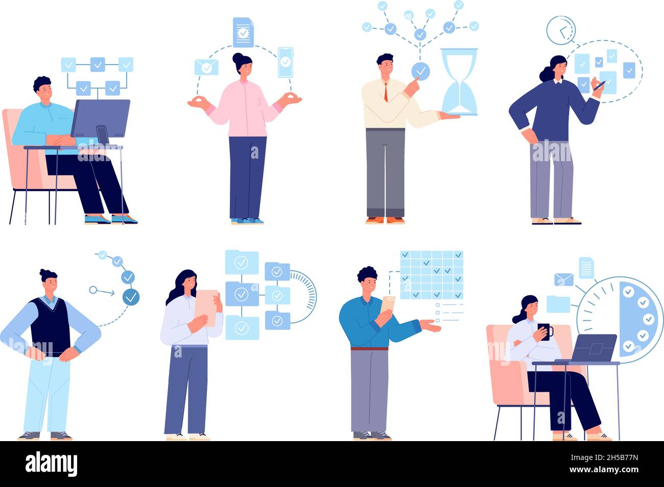 Gestion du temps réussie.Productivité, temps d'organisation définis.Calendrier sur le flux de travail, collaborateur ayant réussi.Concept de vecteur de marge de planification Illustration de Vecteur