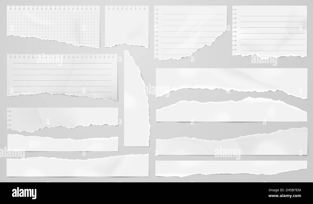 Pages rippées.Forme le papier déchiré, élégante bande de titre.Feuilles de pages grises isolées.Carnet de ligne, rebuts de rip, pièce de bord en carton jeu de vecteur récent Illustration de Vecteur