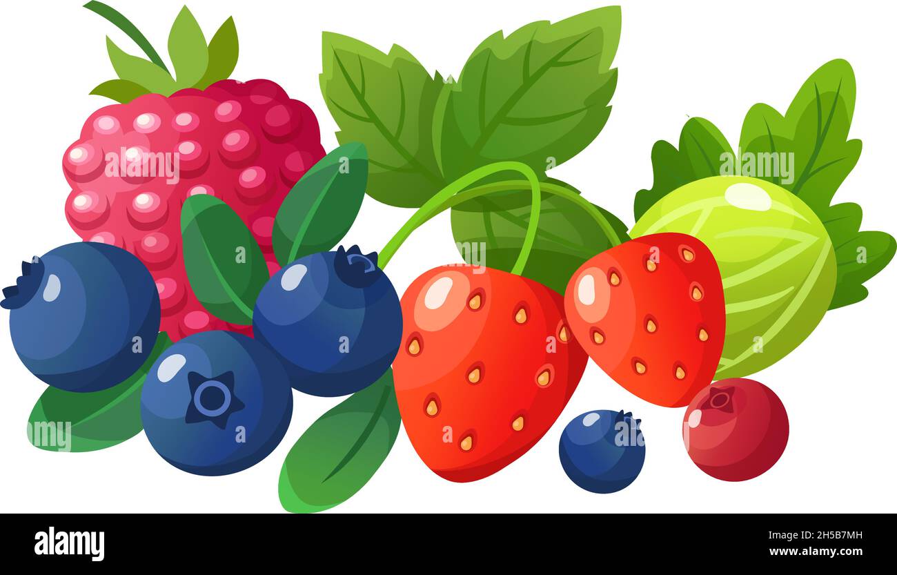 Baies de dessins animés isolées.Framboise rouge, framboise fraîche et bleuet fraise.Fruits de saison juteux, dessert végétalien frais d'automne, végétalien Illustration de Vecteur