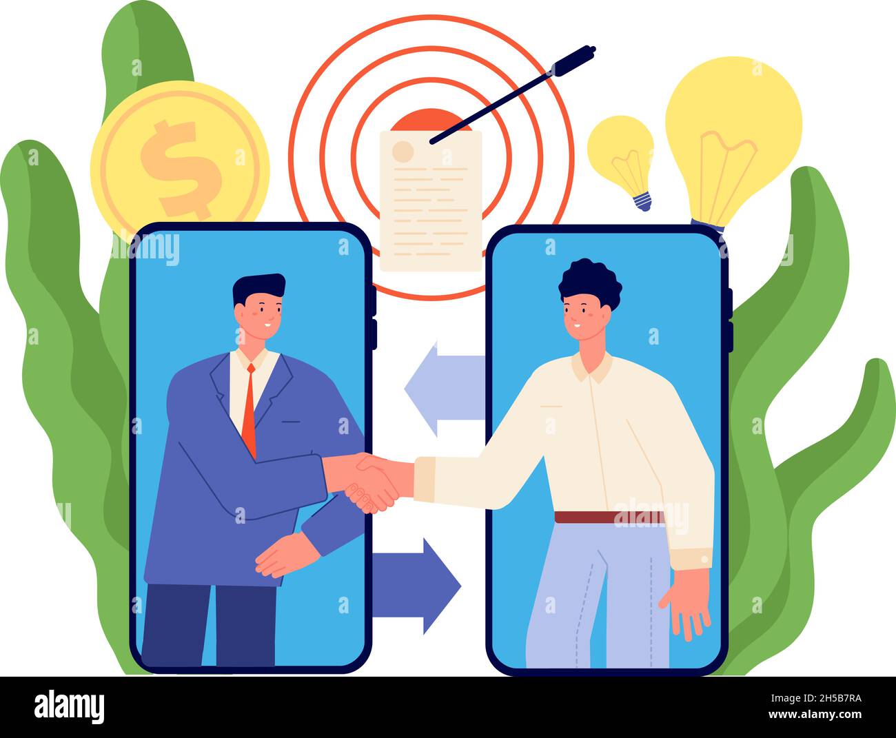 Contrat en ligne.Cartoon partenaires d'affaires, poignée de main de communication technologique.Collaboration Web Deal, concept de vecteur de relation Illustration de Vecteur