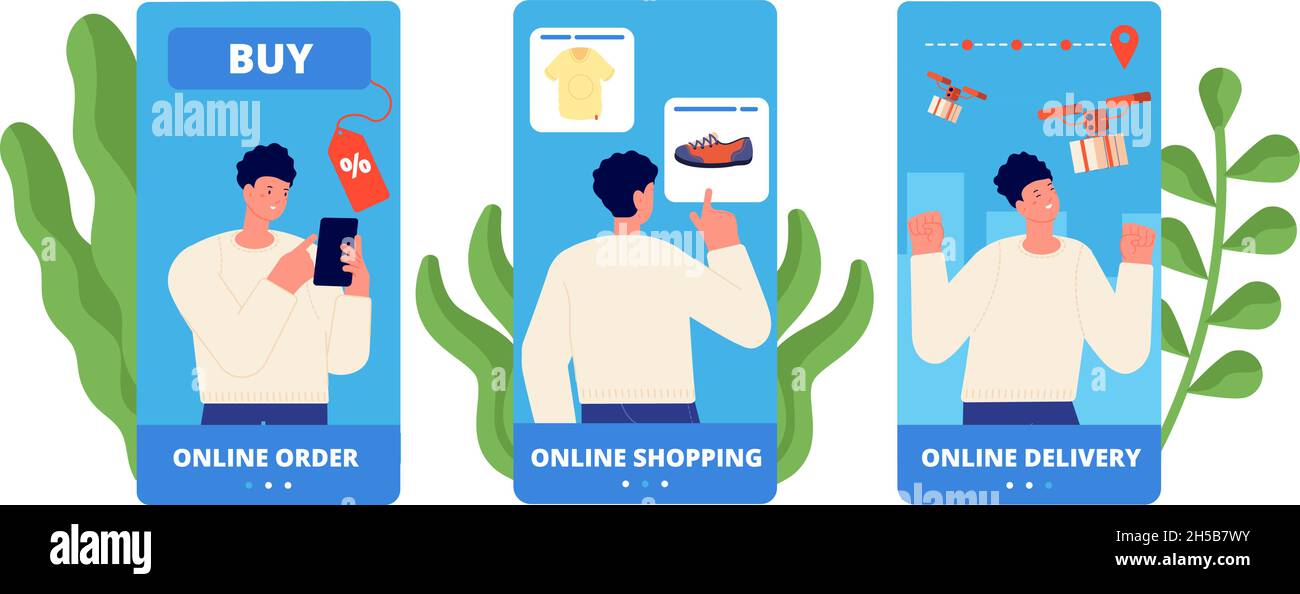 Modèle d'achat d'applications mobiles.Boutique en ligne, facile à acheter et à payer.Développement d'applications, graphique ui ux.Ecommerce plat, commande homme sur téléphone coupe vecteur ensemble Illustration de Vecteur