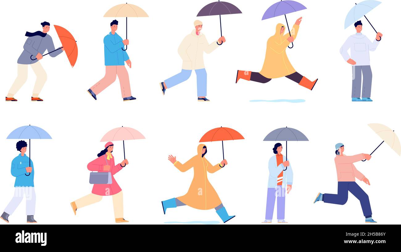 Personnes avec parapluie.Parapluies d'automne, femme marchant jour de pluie.Personne en manteau de pluie jaune, adultes de dessin animé isolés sur l'ensemble de vecteur de caniveau de rue Illustration de Vecteur