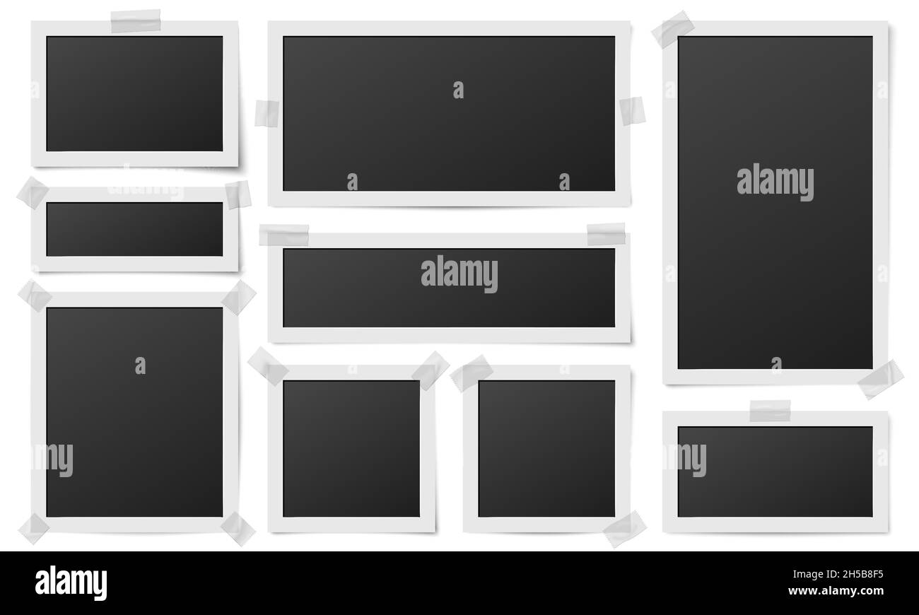 Cadres photo carrés.Cadrage de photos, modèle de photographie de cadre.Image vierge numérique réaliste sur morceaux de bande, cartes isolées jeu de vecteurs récent Illustration de Vecteur