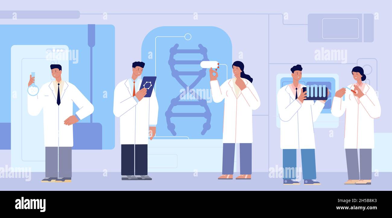 Caractères du laboratoire de chimie.Chercheurs scientifiques, recherche en biochimie de laboratoire.Médecin scientifique avec équipement concept de vecteur total Illustration de Vecteur