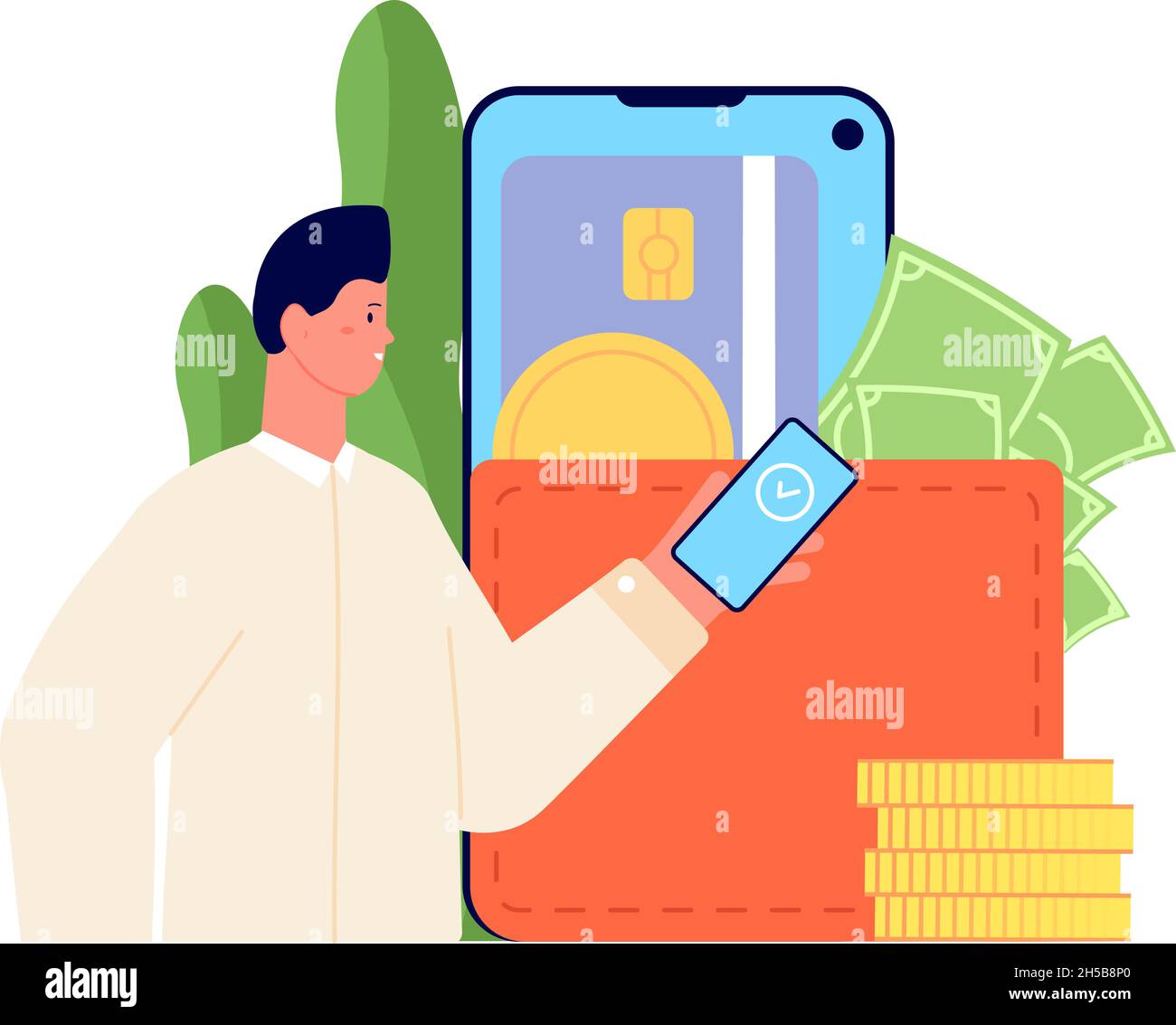 Concept d'e-portefeuille.Application numérique mobile, à l'aide d'une carte de crédit d'accès.Paiement par téléphone, offre commerciale sans espèces.Man paie, concept de vecteur de transaction totale Illustration de Vecteur