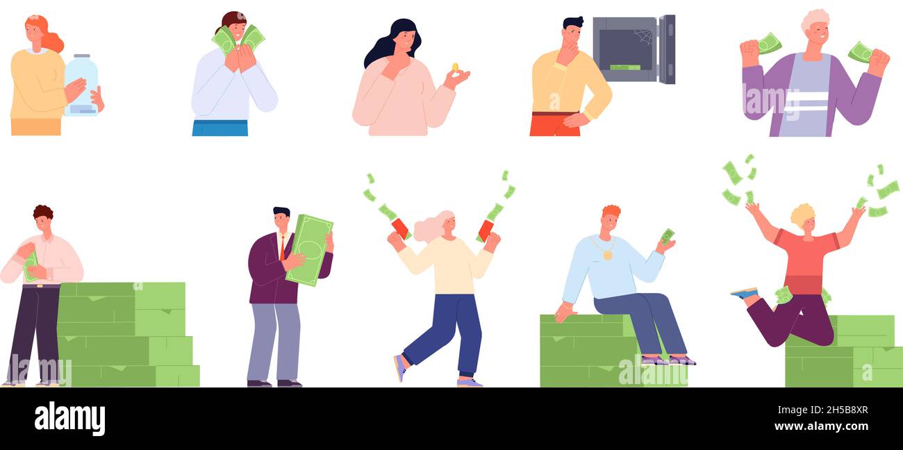 Personnages riches.Une personne heureuse qui économise de l'argent, un homme d'affaires de finance bancaire.Millionnaire en espèces, gagnant de loterie ou courtier.Vecteur de pouvoir total de richesse Illustration de Vecteur