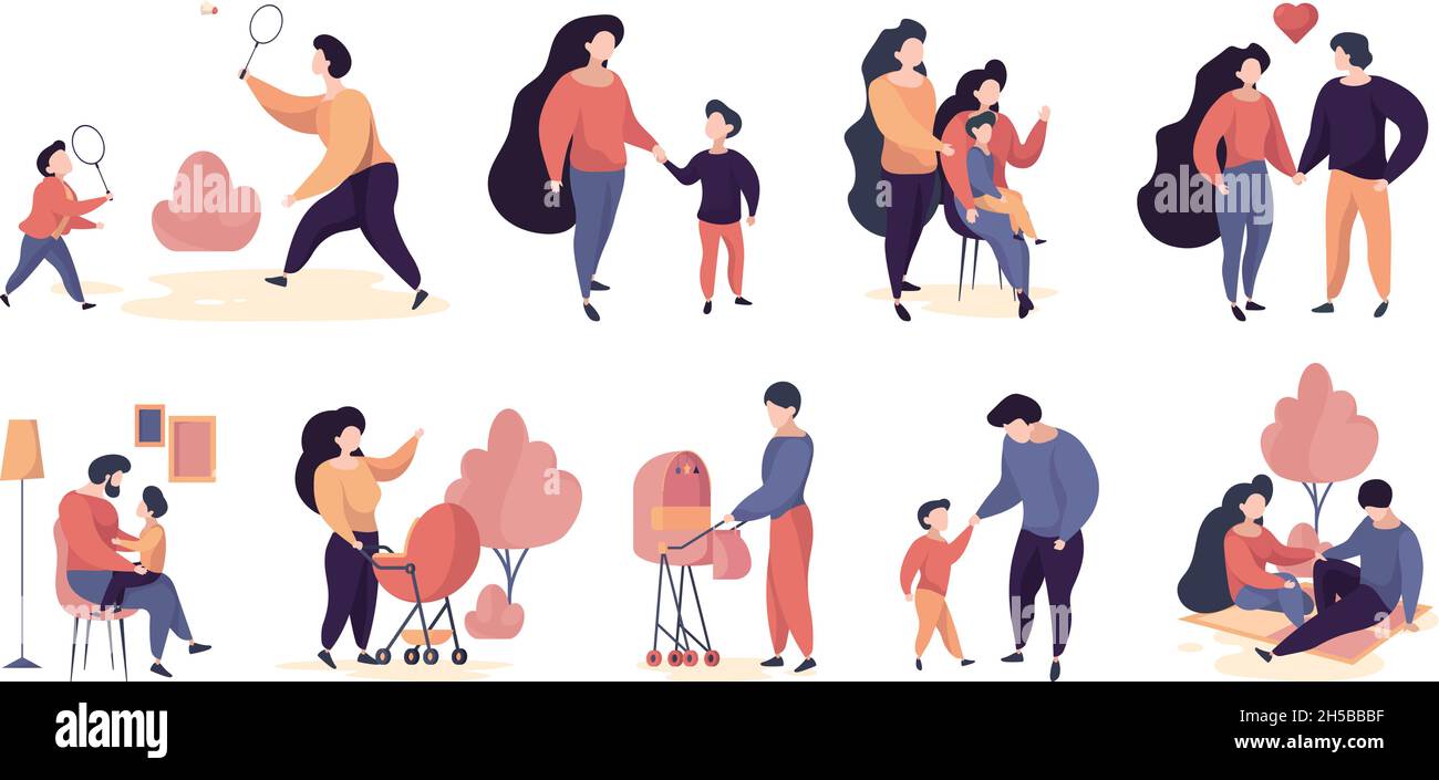 Caractères de famille.Adultes personnes mère et père marchant avec les enfants vêtements décontractés heureux couples garish personnes vecteur Illustration de Vecteur