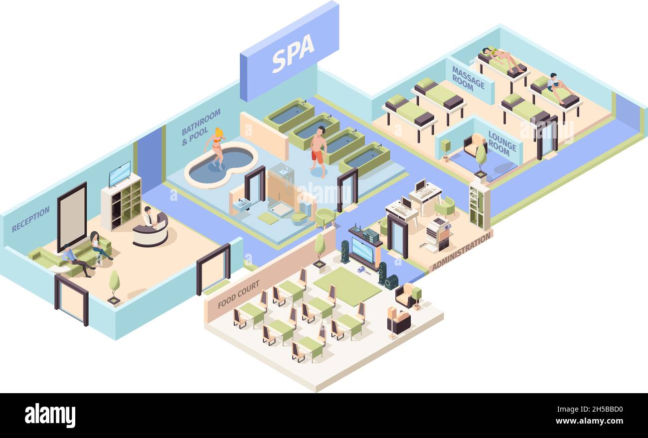 Centre thermal isométrique.Salon de beauté détente salles pour le yoga piscine méditation sauna massage garish illustrations vectorielles Illustration de Vecteur