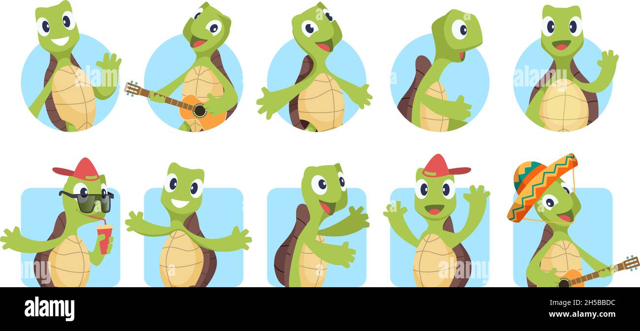 Tortues dessins animés avatars.Salutations animal, tortue dire Bonjour.Ensemble d'autocollants vecteur pour enfants, joli portfolio d'images Illustration de Vecteur