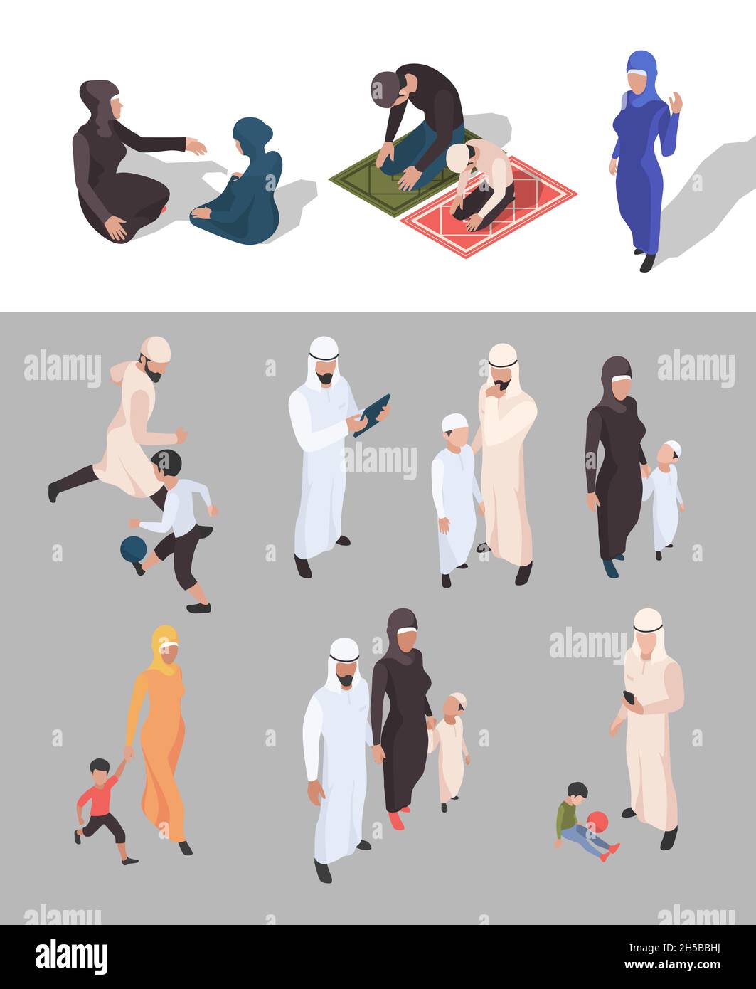Le peuple musulman.Isométrique arabe personnes traditionnelles grande famille islam garish les personnes vectorielles isolées Illustration de Vecteur