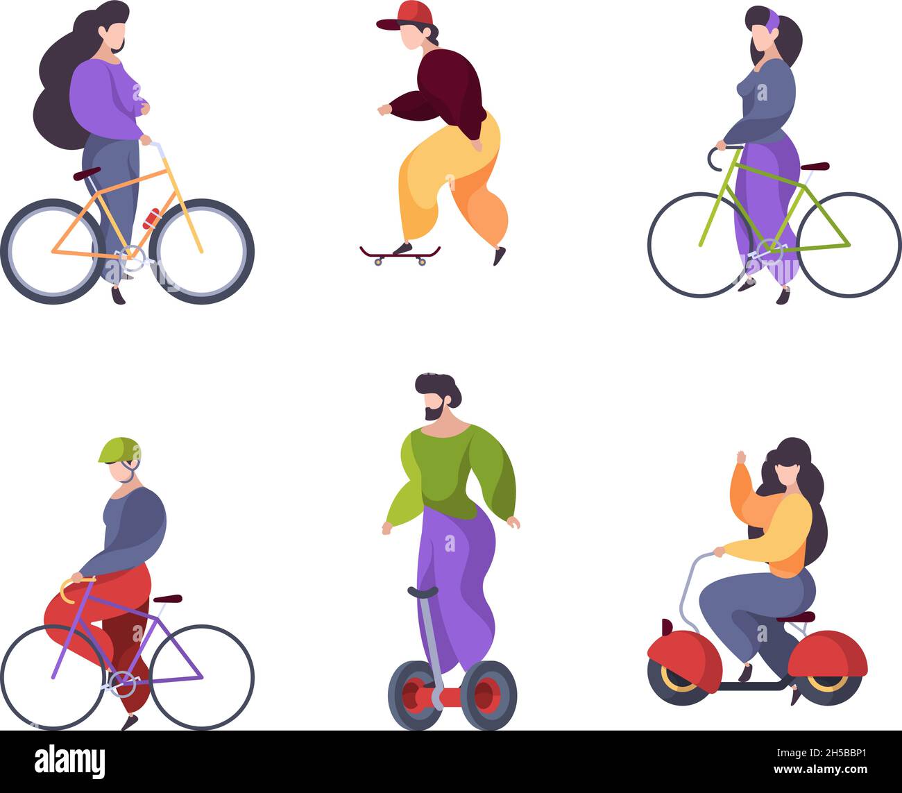 Équitation.Transport urbain voiture scooter électrique segway moto longboard skate garish vecteur personnages plats cavaliers isolés sur fond blanc Illustration de Vecteur