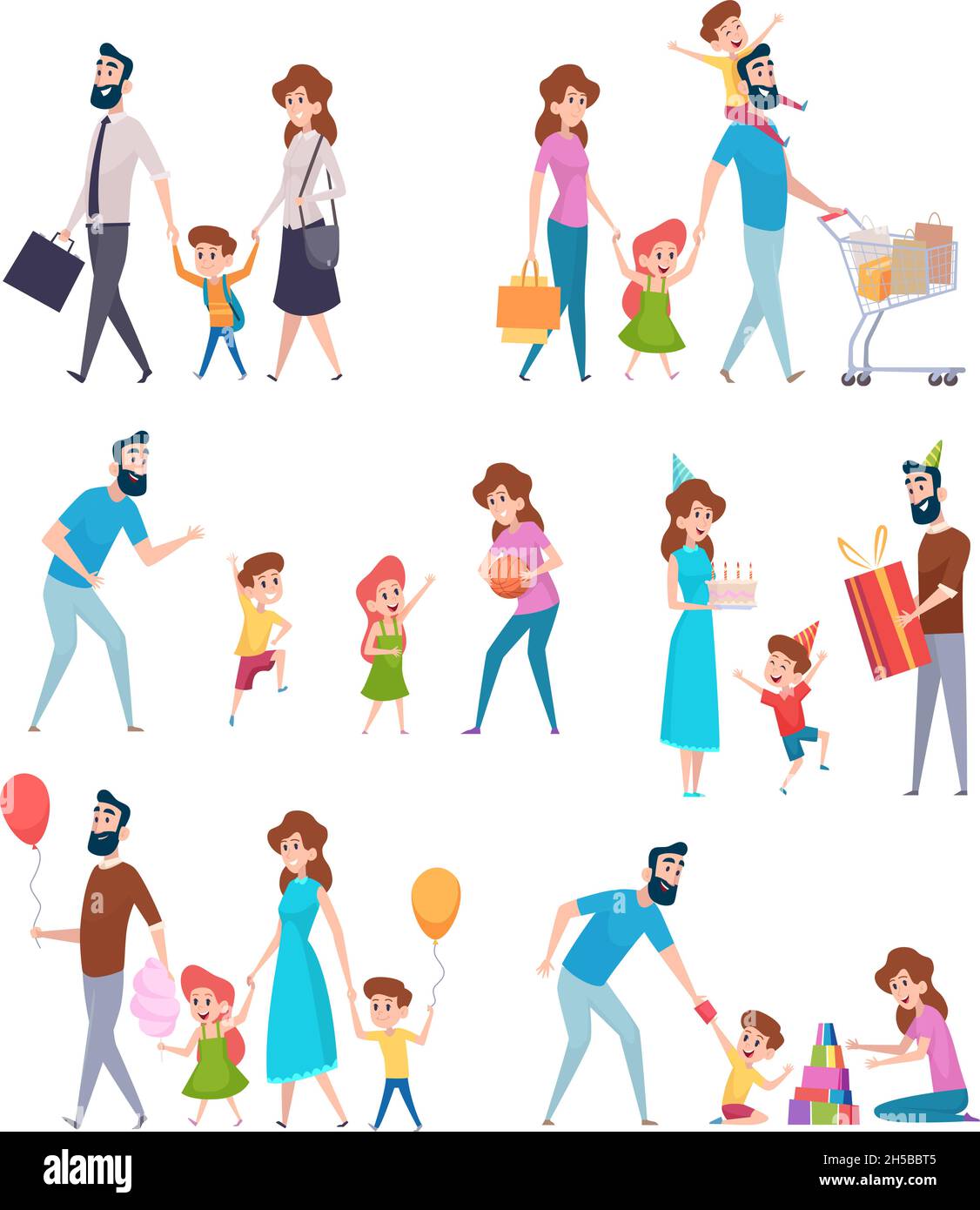 Parents avec enfants.Les enfants de l'école avec le père et la mère jouant de adorables hugs personnages vectoriels exacts Illustration de Vecteur