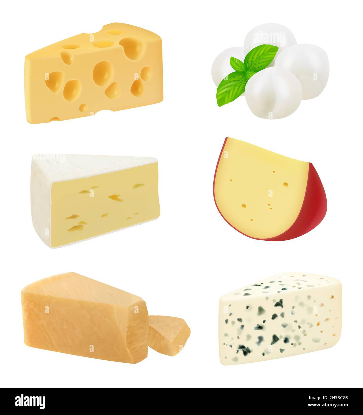 Fromage réaliste.Morceaux de délicieux aliments gastronomiques variété mozzarella produits laitiers sains naturels fromage holland décents vecteur illustrations ensemble Illustration de Vecteur