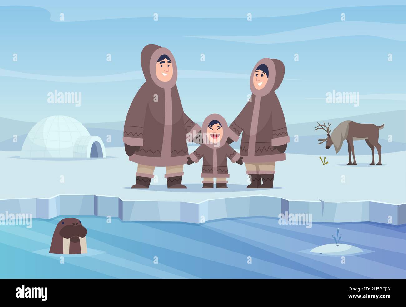 Arrière-plan pôle Nord.Eskimo authentique gens hiver froid vêtements heureux personnages exact vecteur caricature paysage Illustration de Vecteur