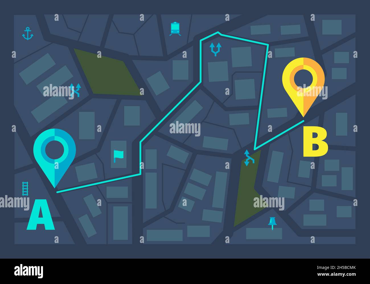Thème sombre de l'interface GPS.Cartes GPS de suivi de la ville ligne d'itinéraire avec marqueurs d'épingles géographie infographie moderne pour les voyageurs modèle de vecteur garache Illustration de Vecteur